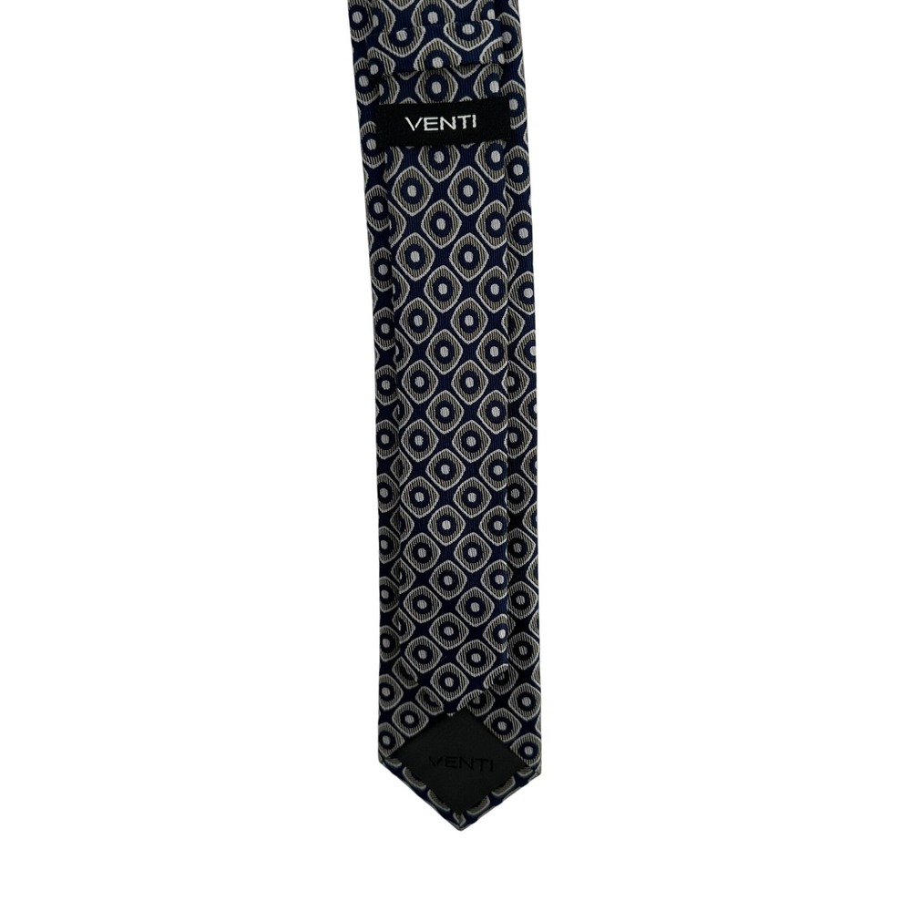Venti Mens Silk Necktie Navy Blue Grey Geometric Medallion Skinny Tie 60x2.5